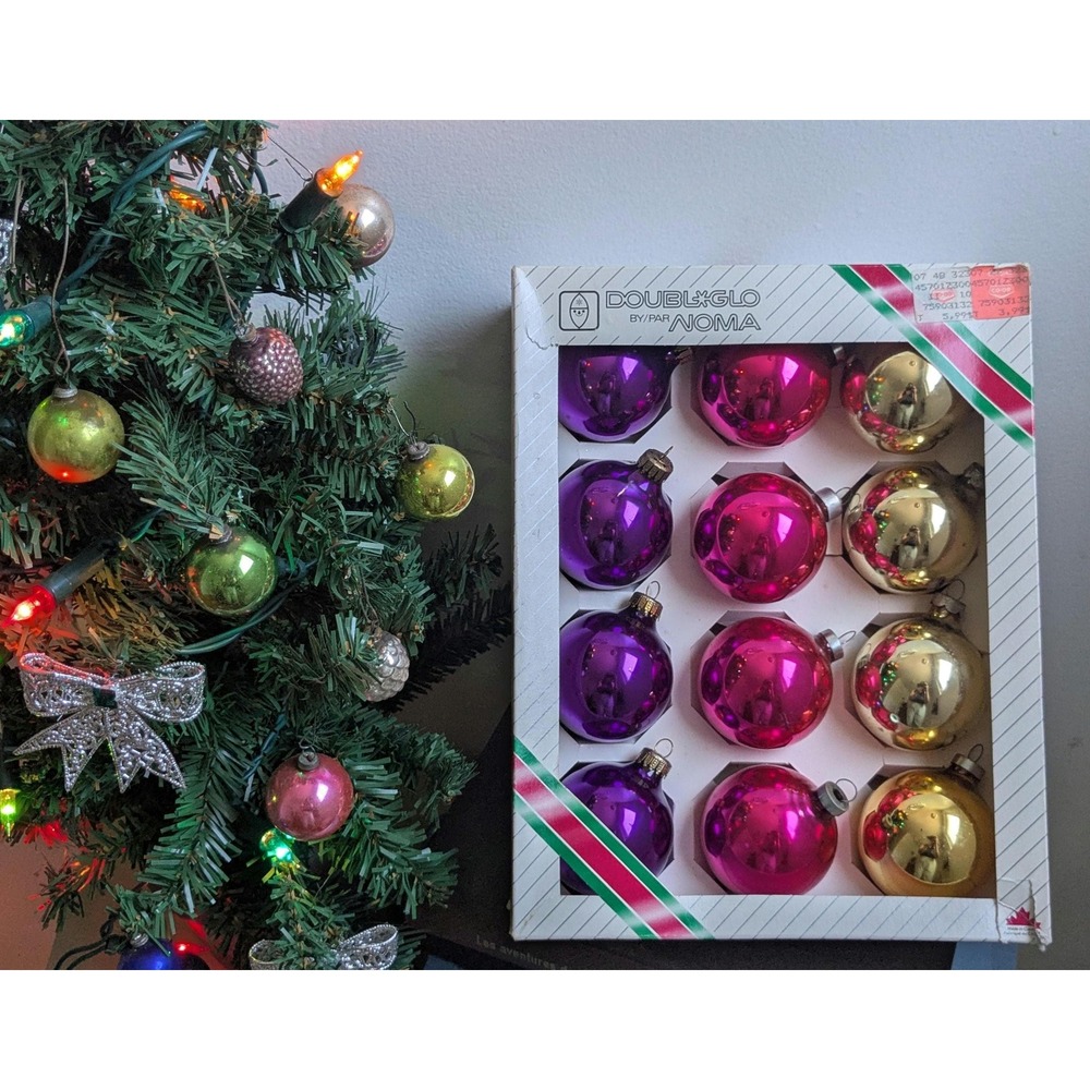 Curated Vintage Glass Christmas Ornament Set Pink Purple Gold NOMA Double-Glo